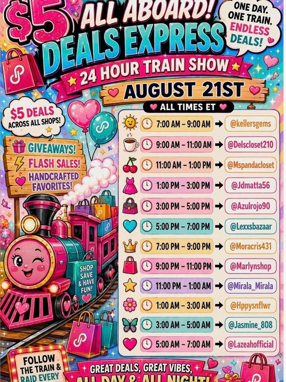 $5. 24 hour Express train show, join us from 7 am Friday, Aug 21-7am toSat.Aug22